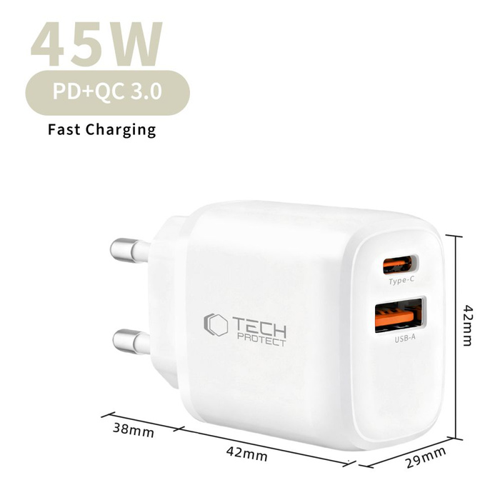 TECH-PROTECT NCA45W-GAN 2-PORT NETWORK CHARGER PD 45W / QC3.0 + LIGHTNING CABLE WHITE
