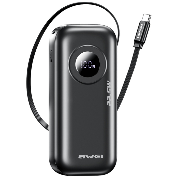AWEI PowerBank PA-9 10000mAh 22.5W       z wyciąganym kablem czarny/black