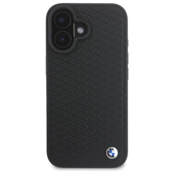 Hülle BMW iPhone 16 6.1" schwarz/schwarz hartcase Schild Leder Diamant Metall Logo MagSafe