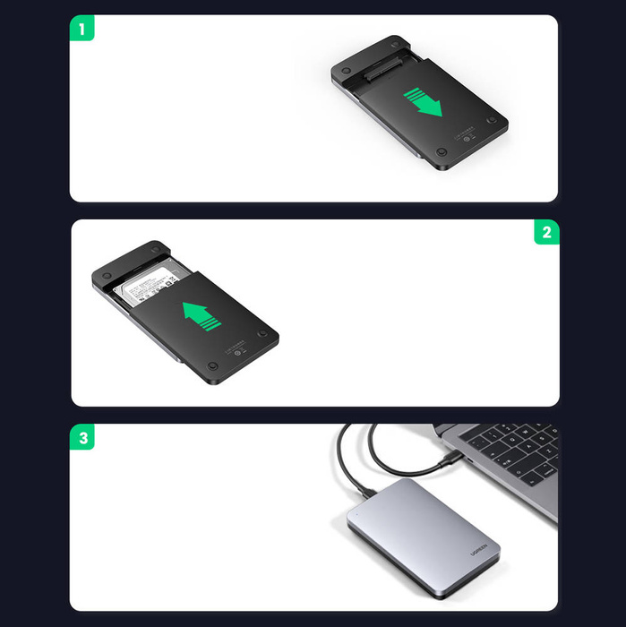 Ugreen kapesní pouzdro na pevný disk 2,5&#39;&#39; SATA 3.0 6Gbps šedá + kabel USB - USB typu C 0,5 m (CM300)