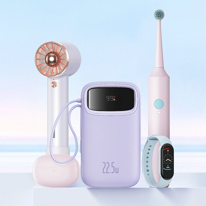 Powerbank Baseus Qpow2 20000mAh 22,5W z podwójnym kablem z wyświetlaczem cyfrowym + kabel Baseus Simple USB-C 3A 0,3m (biały) - fioletowy