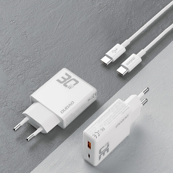 GaN Dudao A30EUT 30W USB-A / USB-C Wall Charger + USB-C - USB-C Cable - White
