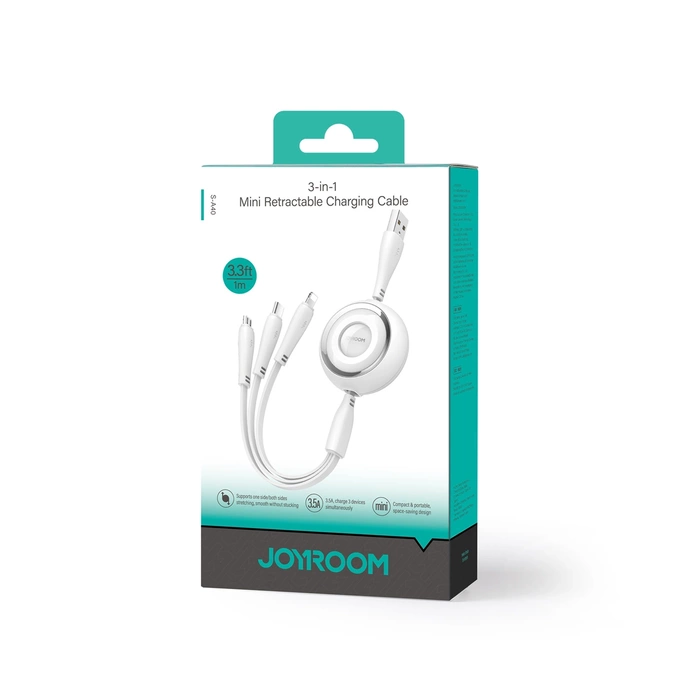 Joyroom S-A40 Colourful Series Cavo retrattile 3in1 da USB-A a USB-C / Lightning / microUSB 1m - bianco