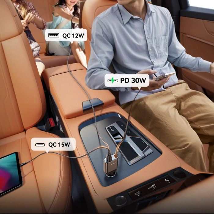 Ładowarka samochodowa Joyroom JR-CCL07 3w1 z wbudowanym kablem zwijanym - ciemnoszara