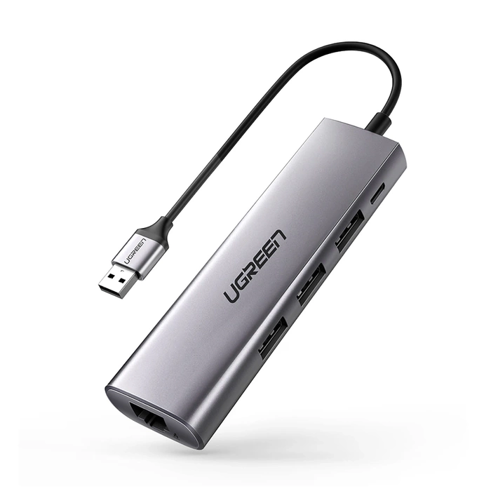 Ugreen multifunkční HUB 3x USB 3.2 Gen 1 (SuperSpeed USB 5 Gbps) / síťový adaptér Ethernet RJ45 1000 Mbps Gigabit šedý (60812 CM266)