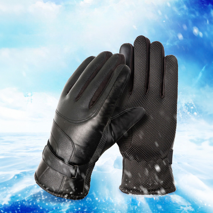 Guantes para teléfono de cuero PU con aislamiento para hombre - negro