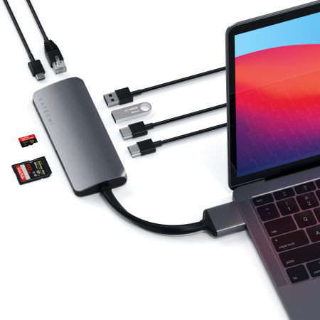 Satechi Type-C Dual Multimedia Adapter - aluminiowy adapter do MacBook z podwójnym USB-C (USB-C PD 60W, 2x USB-A, 2x HDMI 4K, czytnik kart micro/SD, Ethernet) (space gray)