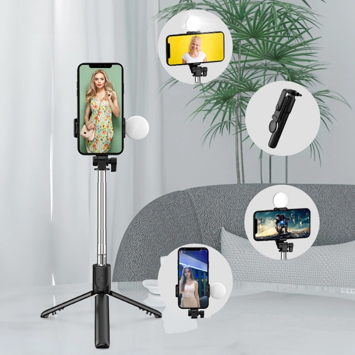 Selfie stick WR1YXS telescopic tripod 0.71m with round lamp - black
