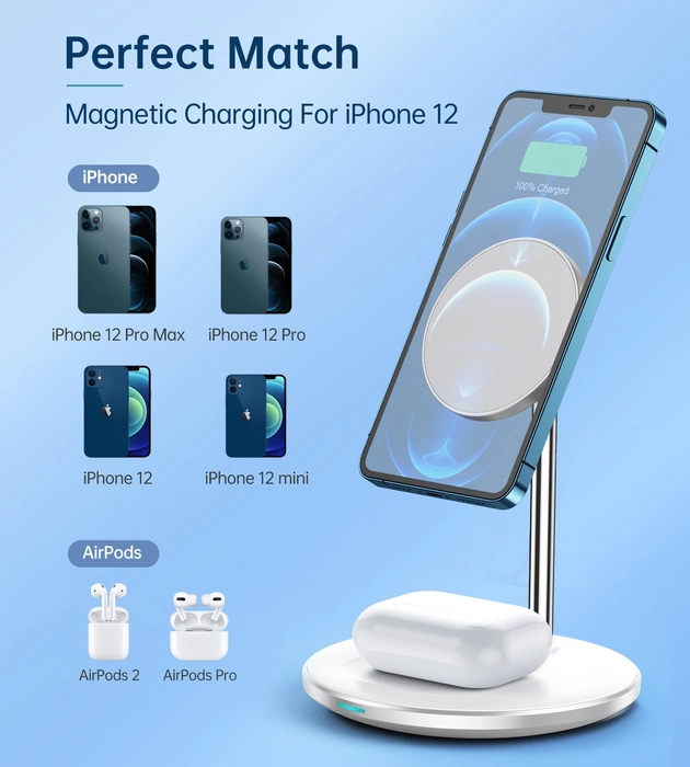 Caricabatterie wireless Choetech Qi 15W per iPhone e supporto magnetico AirPods compatibile con MagSafe argento (T581-F)