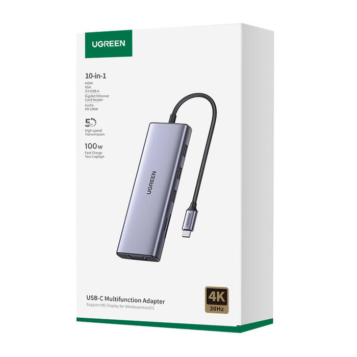 UGREEN CM498 Adaptér 10 v 1 USB Hub na 3x USB-A 3.0, HDMI, VGA, RJ45, SD/TF, AUX3,5 mm, převodník PD