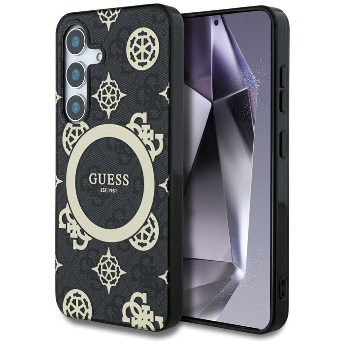 Etui Guess 4G Background Gold             Electroplated Peony Pattern MagSafe do Samsung Galaxy S25 czarny