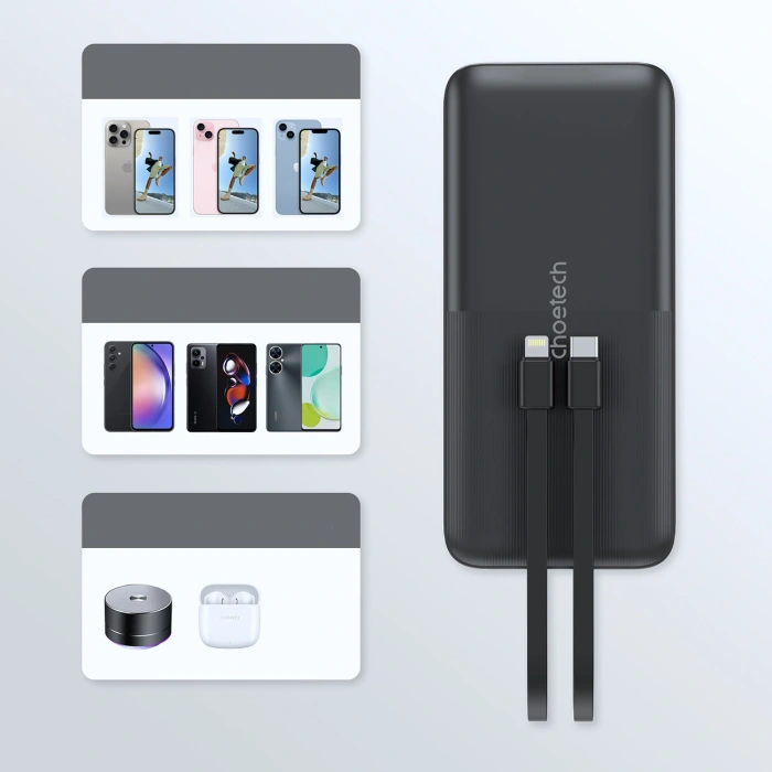 Choetech Powerbank B654 10000mAh 22.5W USB-A / USB-C / micro USB mit integriertem kabel USB-C / Lightning - schwarz