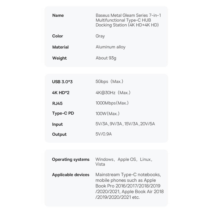 Baseus Metal Gleam Series HUB 7 v 1 dokovací stanice USB typu C – 2 x HDMI / 3 x USB 3.2 Gen. 1/1 x napájení / 1 x RJ-45 Ethernet Grey (WKWG040113)