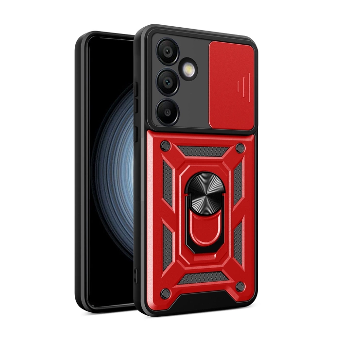 Hybrid Armor Camshield-Hülle mit Kameraabdeckung und Metallring für Samsung Galaxy S24 FE – rot