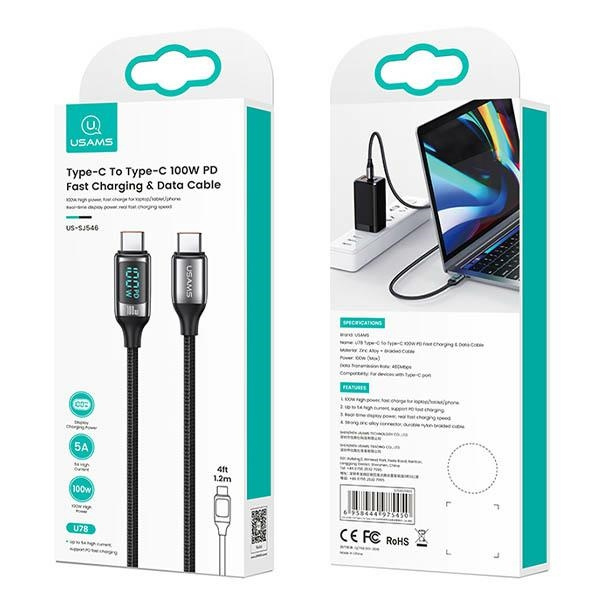 USAMS U78 USB-C to USB-C LED Cable 1.2m 100W Fast Charging black / black SJ546USB01 (US-SJ546)
