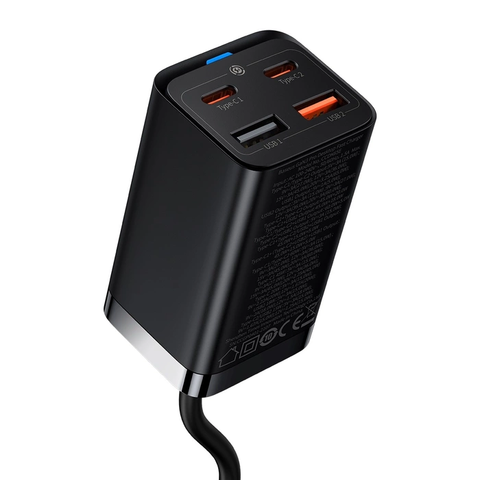 Baseus GaN3 Pro schnelles GaN-Ladegerät 2 x USB Typ C / 2 x USB 65W PD, QC4.0+, AFC+ USB Typ C - USB Typ C Kabel 1m schwarz (CCGP040101)