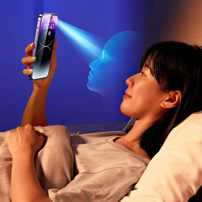 Cristal templado de pantalla completa Baseus para iPhone 14 Pro Max con filtro anti luz azul y cubierta de altavoz de 0,3 mm + marco de montaje