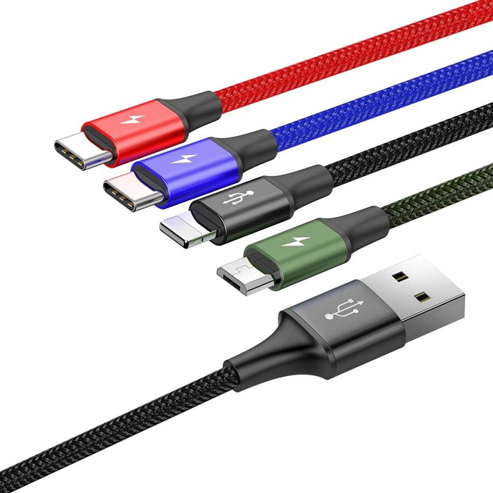 Baseus kabel USB 4v1 Lightning / 2x USB Type C / micro USB kabel s nylonovým opletem 3,5A 1,2m černý (CA1T4-B01)