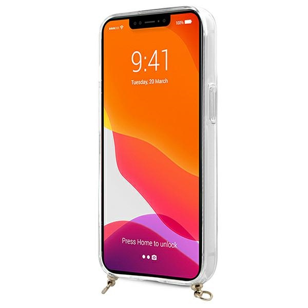 Puzdro Apple iPhone 13 Mini 4G hnedý remienok zlatý retiazka priehľadný pevný obal