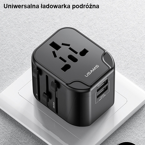 Nabíječka USAMS. 2xUSB T55 12W adaptér 4v1 US/AU/EU/UK černý/černý CC173TC01 (US-CC173) Cestovní nabíječka Univesal