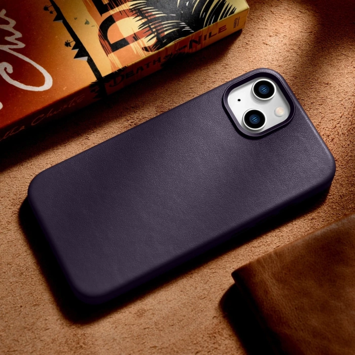 iCarer Case Leather Genuine Leather Case Cover pro iPhone 14 Dark Purple (WMI14220705-DP) (kompatibilní s MagSafe)