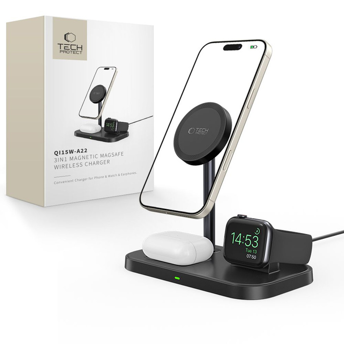 TECH-PROTECT QI15W A22 3IN1 MagNETIC MagSafe VEZETÉK NÉLKÜLI TÖLTŐ FEKETE