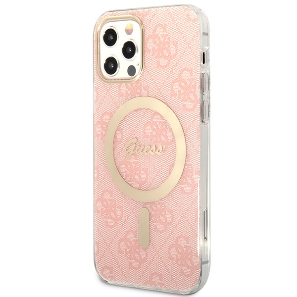Kit Funda Guess Case+ Cargador iPhone 12/12 Pro rosa/rosa duro case 4G Print MagSafe