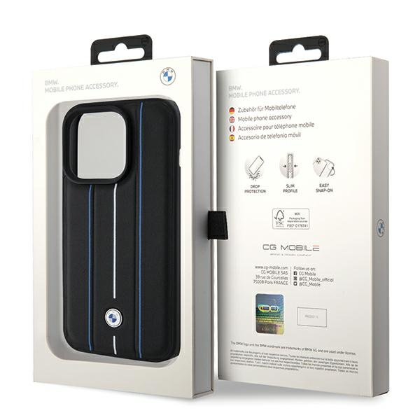 Coque Bmw Bmhcp15l22rvsk IPhone 15 Pro 6.1" Black/Black Hardcase Leather Stamp Blue Lines Case