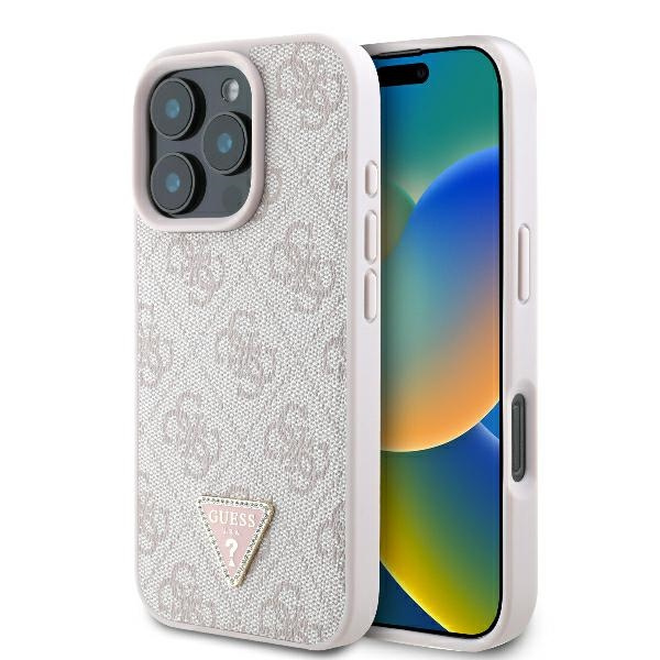 Etui Guess iPhone 16 Pro Max 6.1" różowy/pink hardcase Leather 4G Triangle Strass MagSafe