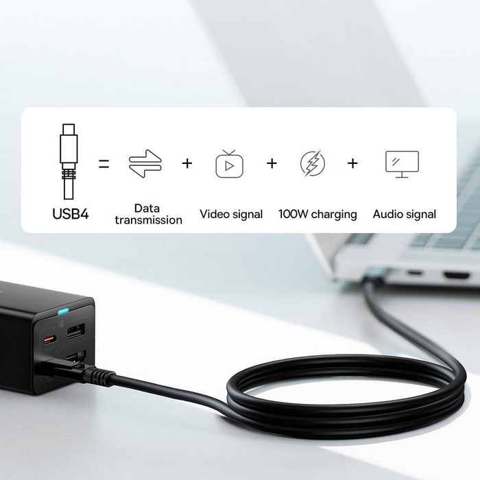 Cargador rápido Baseus GaN5 Pro HUB HDMI 2 x USB-C / USB-A / HDMI 4K 30Hz 1.5m negro + cable USB-C - USB-C 100W 40Gb/s (USB4) 1m (CCGP110201)