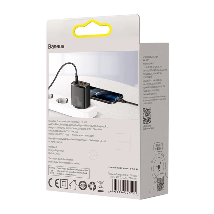 Baseus Kompaktní rychlá nabíječka 2x USB / USB Typ C 30W 3A napájení Quick Charge černá (CCXJ-E01)
