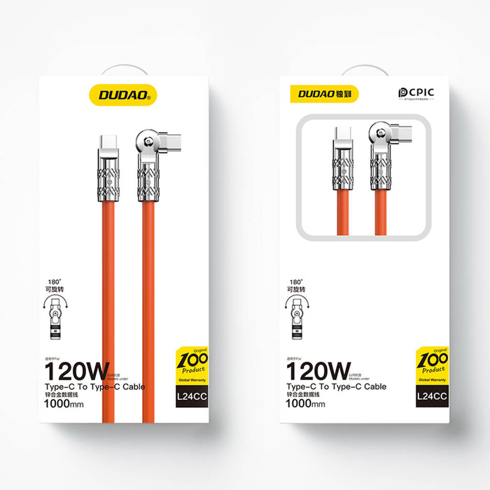 Angled cable USB - USB C 120W 1m rotation 180° Dudao - orange