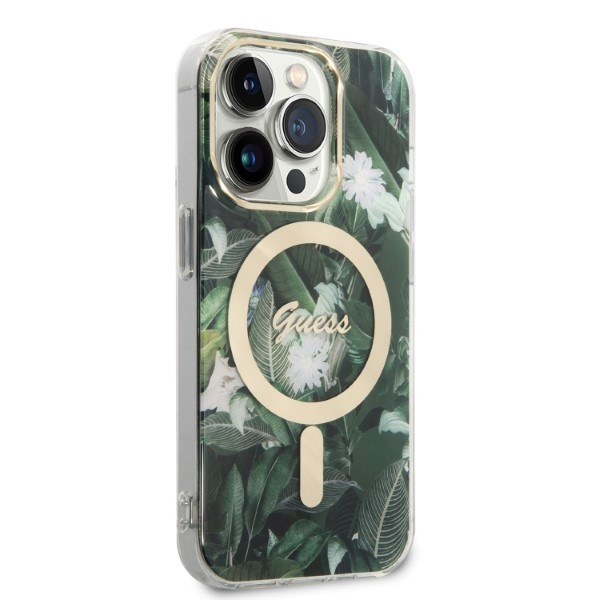 Készlet Telefontok Guess Case+ töltő iPhone 14 Pro 6.1" zöld/zöld kemény case Jungle MagSafe