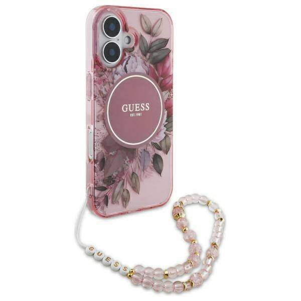 Etui Guess iPhone 16 6.1" różowy/pink hardcase IML Flowers With Pearl Strap MagSafe