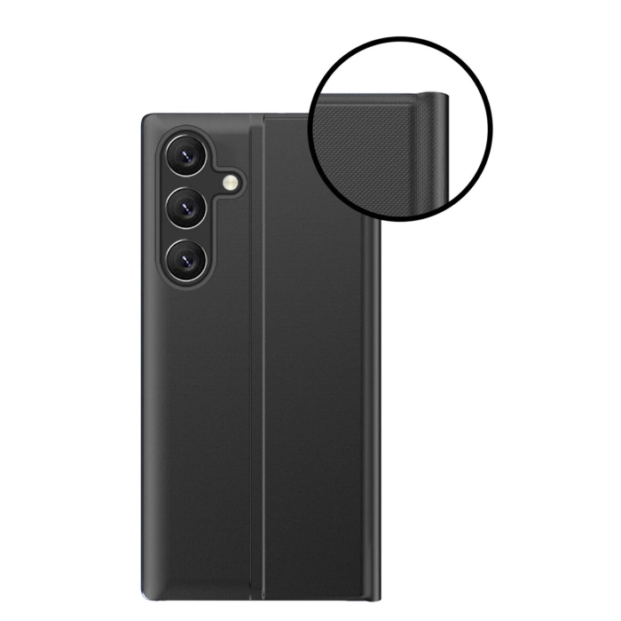 Neue Sleep Case Hülle für Samsung Galaxy S25, Cover mit Klappe und Ständer - Schwarz