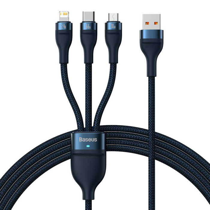 Baseus Flash Series Ⅱ Cable 3 en 1 con carga rápida USB-A a USB-C / Micro-USB / Lightning 66W 480Mb/s 1.2m azul