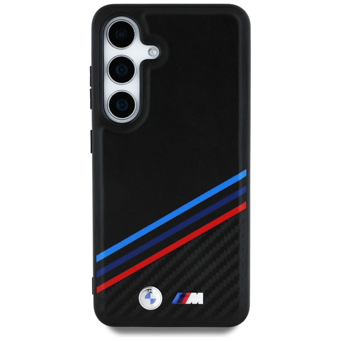 Cover BMW Pelle Tricolore Strisce incrociate MagSafe per Samsung Galaxy S25 nero