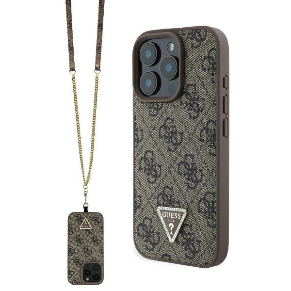 Etui Guess iPhone 16 Pro 6.3" brązowy/brown hardcase Leather Metal Logo Strass Crossbody