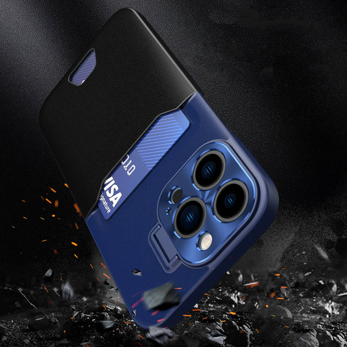 Custodia con supporto in pelle per iPhone 14 Pro Max Porta carte di credito con supporto blu