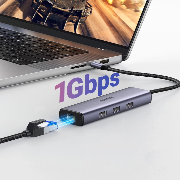 Adaptér 1v6 UGREEN CM512 USB-C na 3x USB A 3.0, HDMI, RJ45, PD prevodník