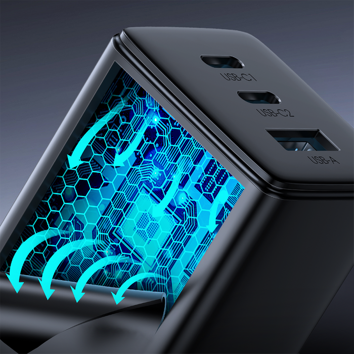 Cargador rápido Joyroom GaN 65W USB, 2x USB C negro + cable USB C - USB C 100W 1.2m (TCG01)