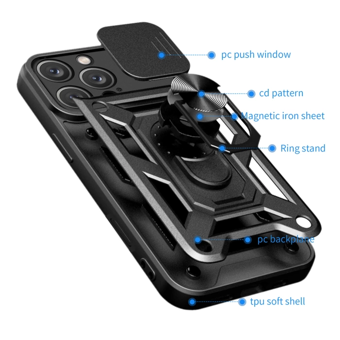 Hybrid Armor Camshield iPhone 16 Pro Case with Camera Cover and Stand - Black