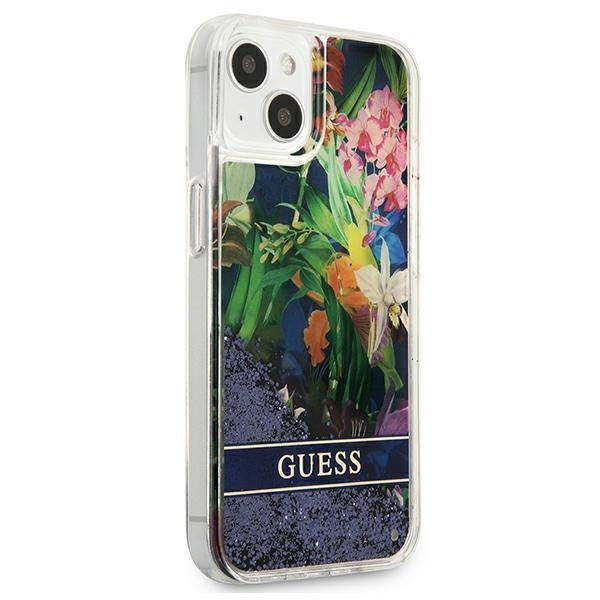Hülle GUESS Apple iPhone 13 Mini Flower Liquid Glitter Blau Hardcase