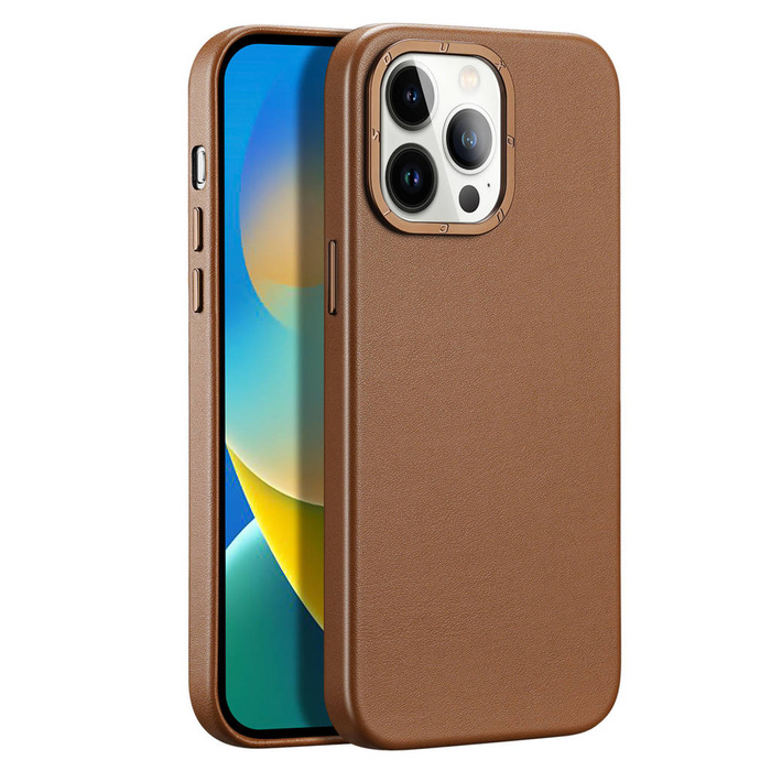 Custodia in pelle Dux Ducis Grit per iPhone 14 Pro Elegante custodia in ecopelle (compatibile con MagSafe) marrone