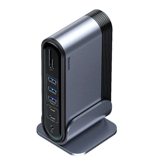 [B WARE] Baseus multifunktionaler HUB 3x USB 3.2 Gen 1 / 2x USB 2.0 / 2x USB Type C / SD und Micro SD Kartenleser / AUX / 3x HDMI / RJ45 1Gbps Power Delivery 100W (EU / CN / UK Stecker) grau (CAHUB-DG0G)