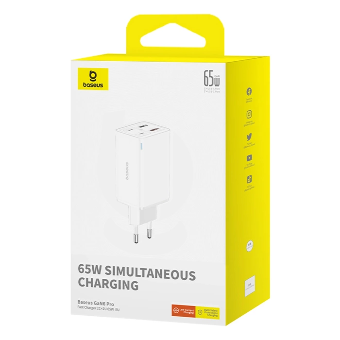 Ładowarka Baseus GaN6 Pro 65W 2 x USB-C 2 x USB-A z czarnym kablem USB-C 100W 1m - biała