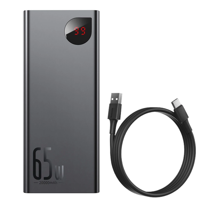 Baseus Adaman Metal 65W 20000mAh Powerbank mit Baseus Xiaobai USB-C 60W (20V/3A) 50cm Kabel – Schwarz