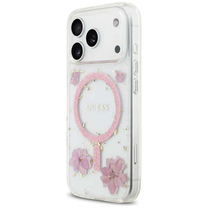 Etui Guess Resin Flowers Glitter MagSafe do iPhone 17 Pro różowy