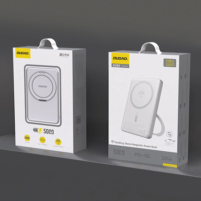 Powerbank Dudao K28 10000mAh PD 22.5W z MagSafe z metalową obudową i pierścieniem-podstawką - srebrny
