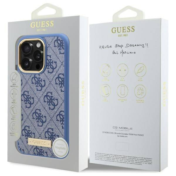 Etui Guess iPhone 16 Pro 6.3" niebieski/blue hardcase 4G Logo Plate MagSafe
